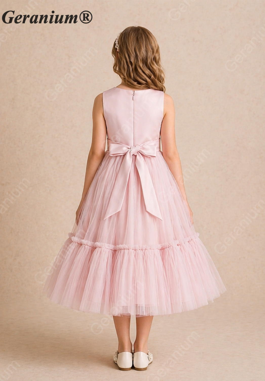 Geranium Elegant Blush Pink Tulle Flower Girl Dress with 3D Floral Waist & Back Bow KD-206J