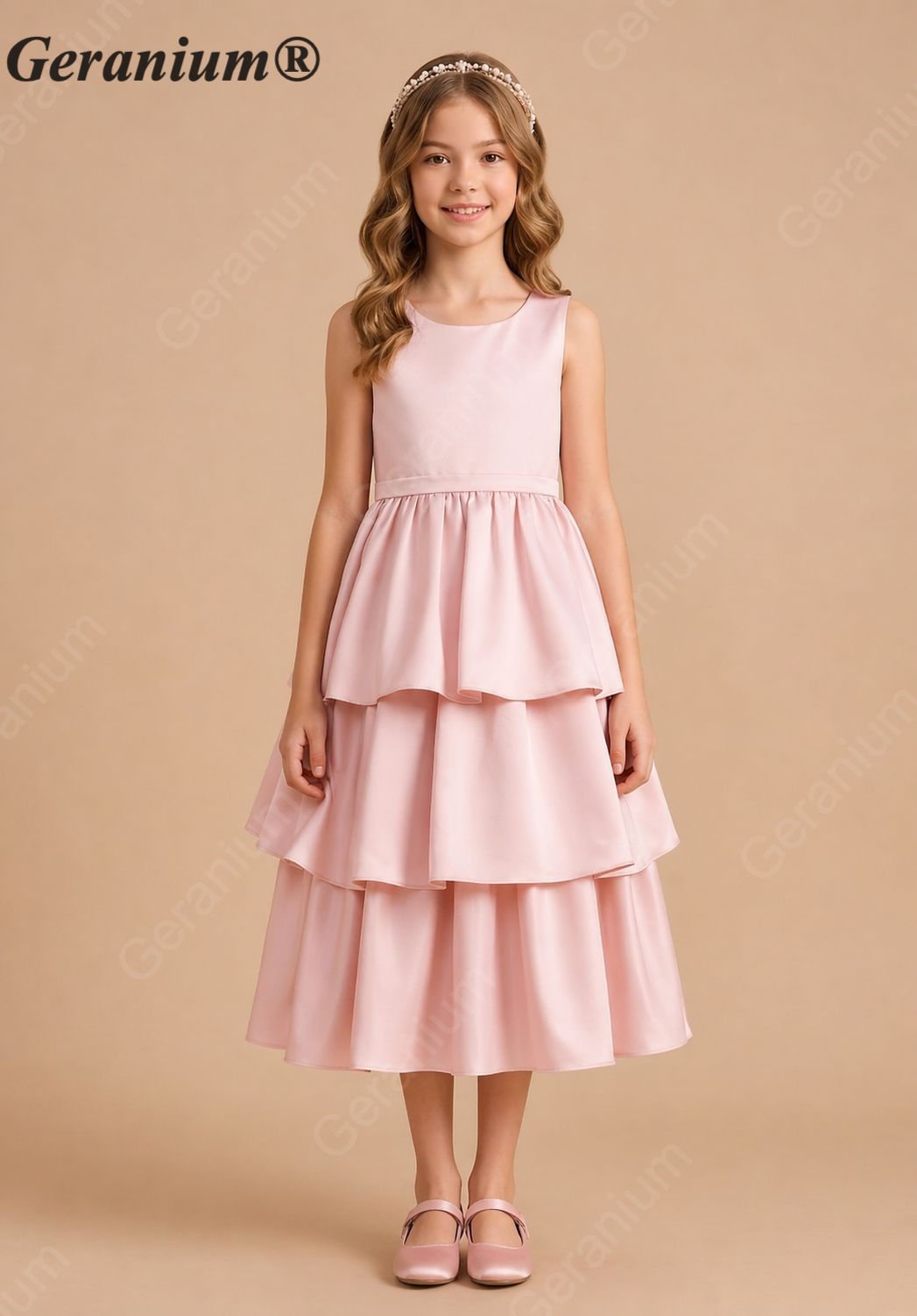 Geranium Girls Elegant Sleeveless Tiered Satin Party Dress with Big Bow KD-188J Main image