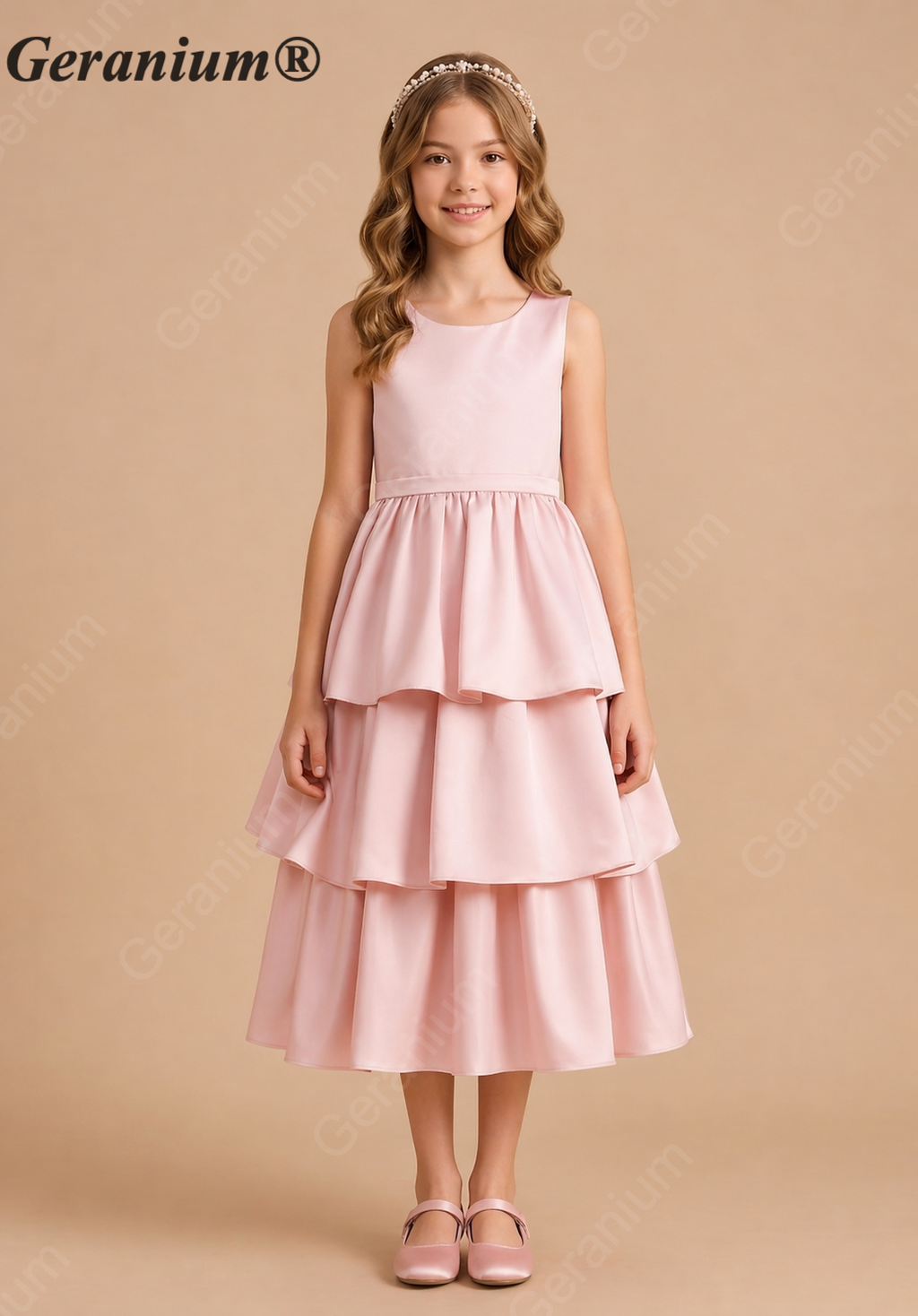 Geranium Girls Elegant Sleeveless Tiered Satin Party Dress with Big Bow KD-188J