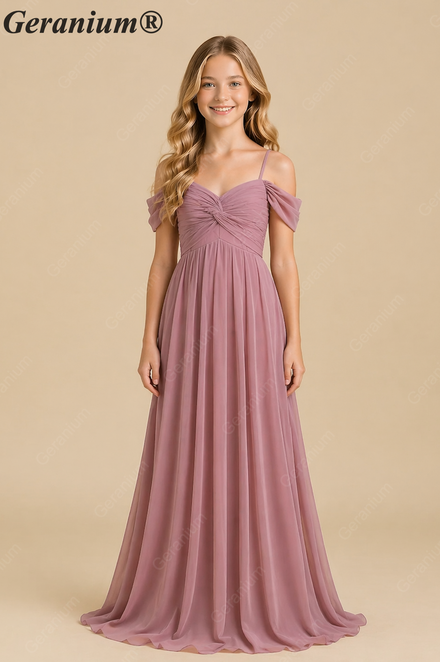 Geranium Elegant Chiffon Off-the-Shoulder Junior Bridesmaid Dress with Twisted Bodice KD-335