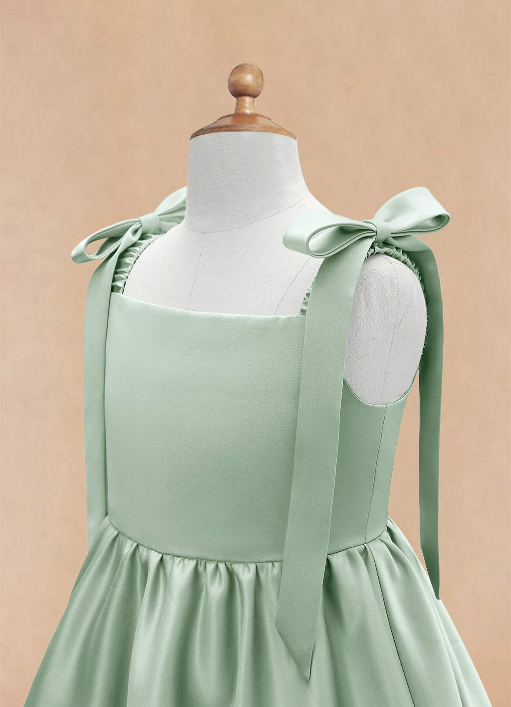 Gearanium Girls Sage Green Satin Flower Girl Dress - Tie-Shoulder A-Line Party Gown KD-288
