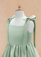 Gearanium Girls Sage Green Satin Flower Girl Dress - Tie-Shoulder A-Line Party Gown KD-288