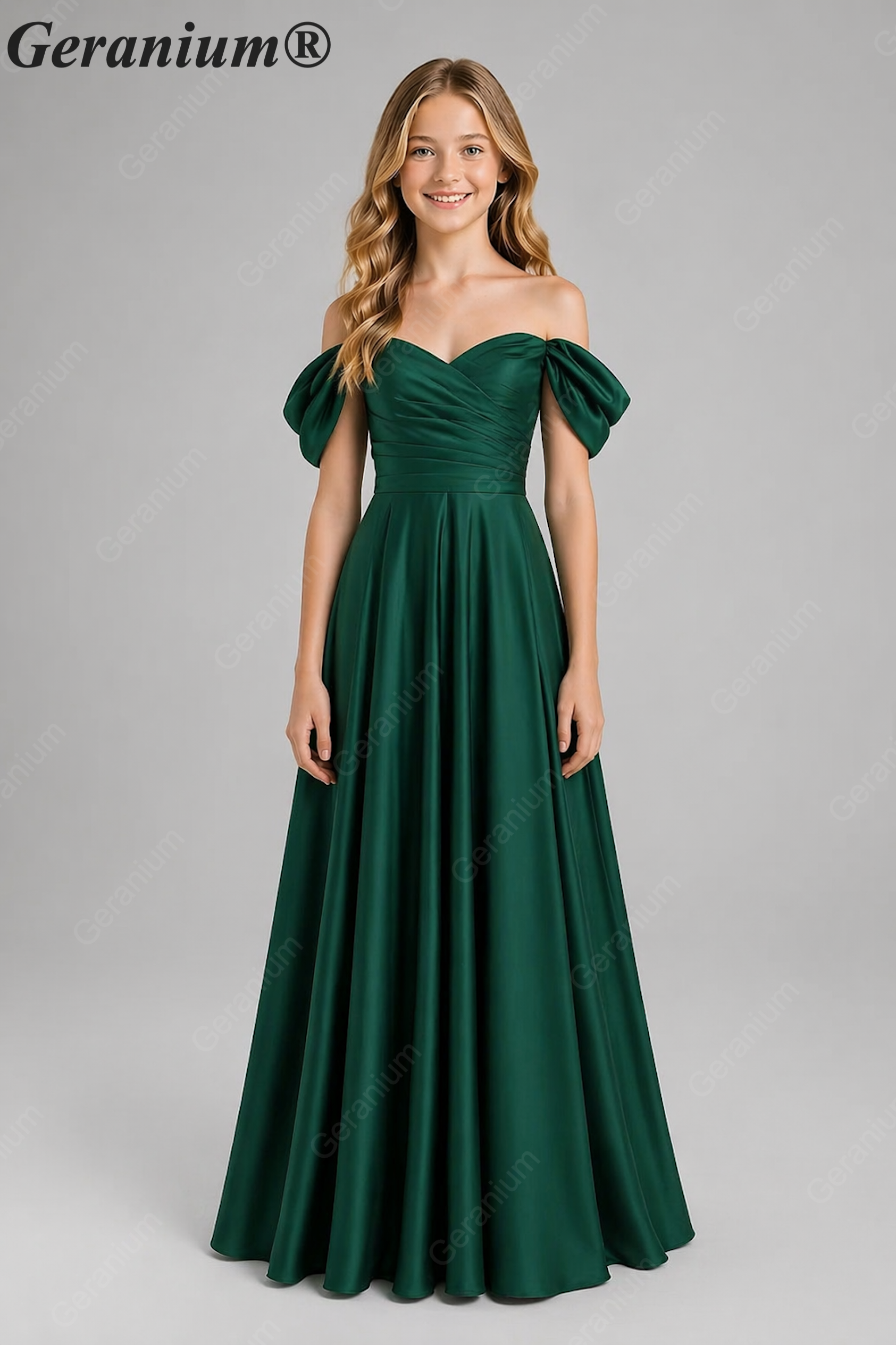 Geranium Off Shoulder Satin Junior Bridesmaid Dress with Pleated Bodice – KD-336 Main image