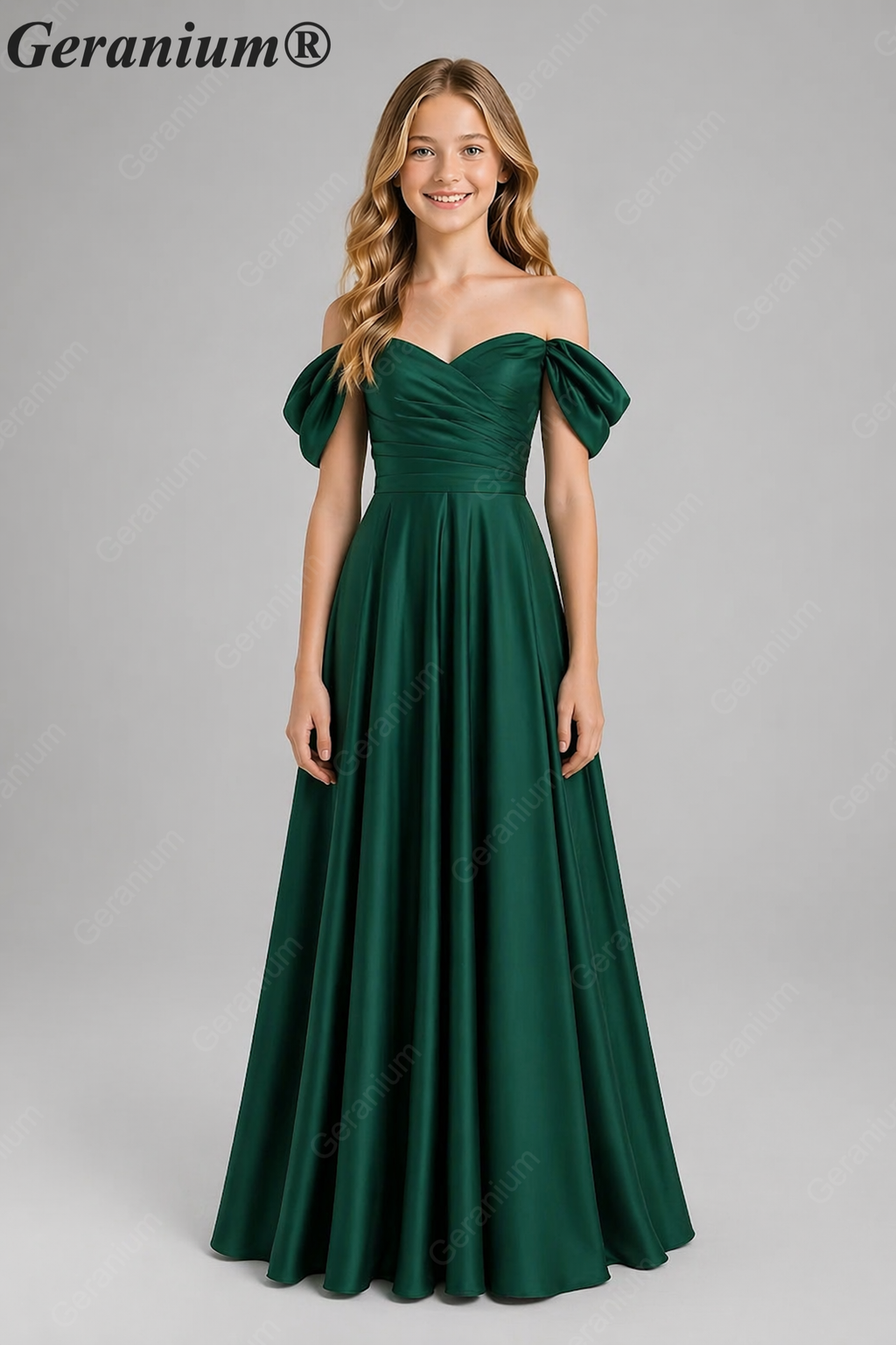 Geranium Elegant Emerald Green Off-The-Shoulder Satin Junior Formal Dress KD-336