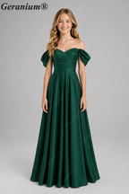 Geranium Elegant Emerald Green Off-The-Shoulder Satin Junior Formal Dress KD-336