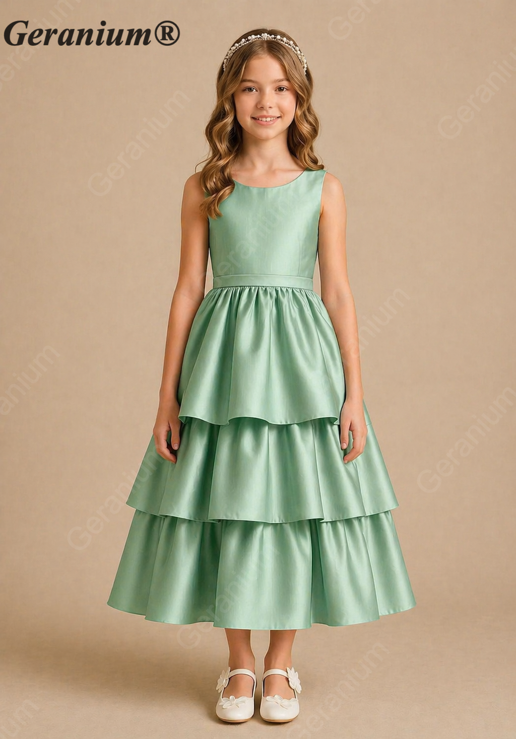Geranium Girls Elegant Sleeveless Tiered Satin Party Dress with Big Bow KD-188J