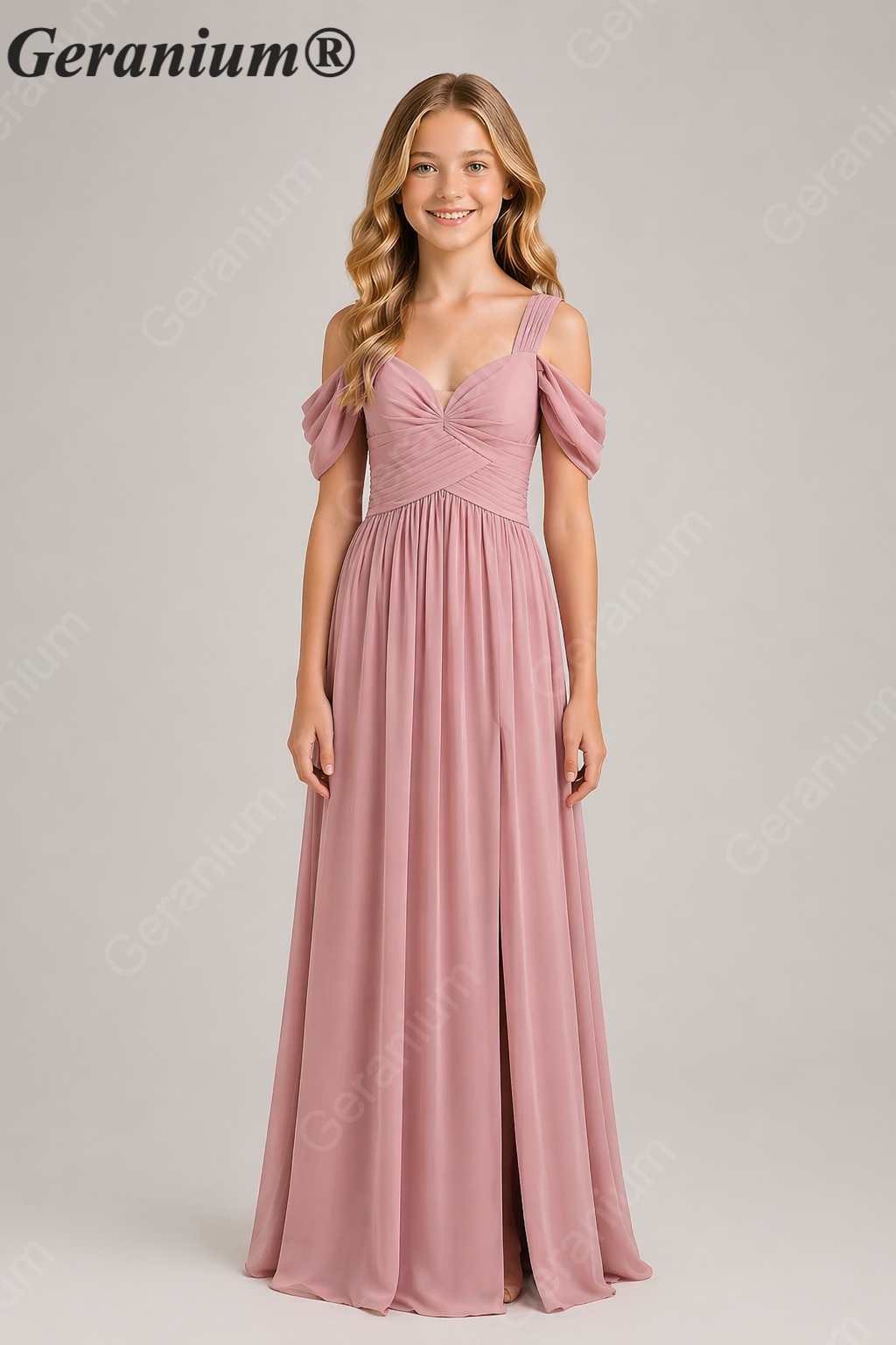 Geranium Elegant Chiffon Cold Shoulder Junior Bridesmaid Dress with Slit KD-343