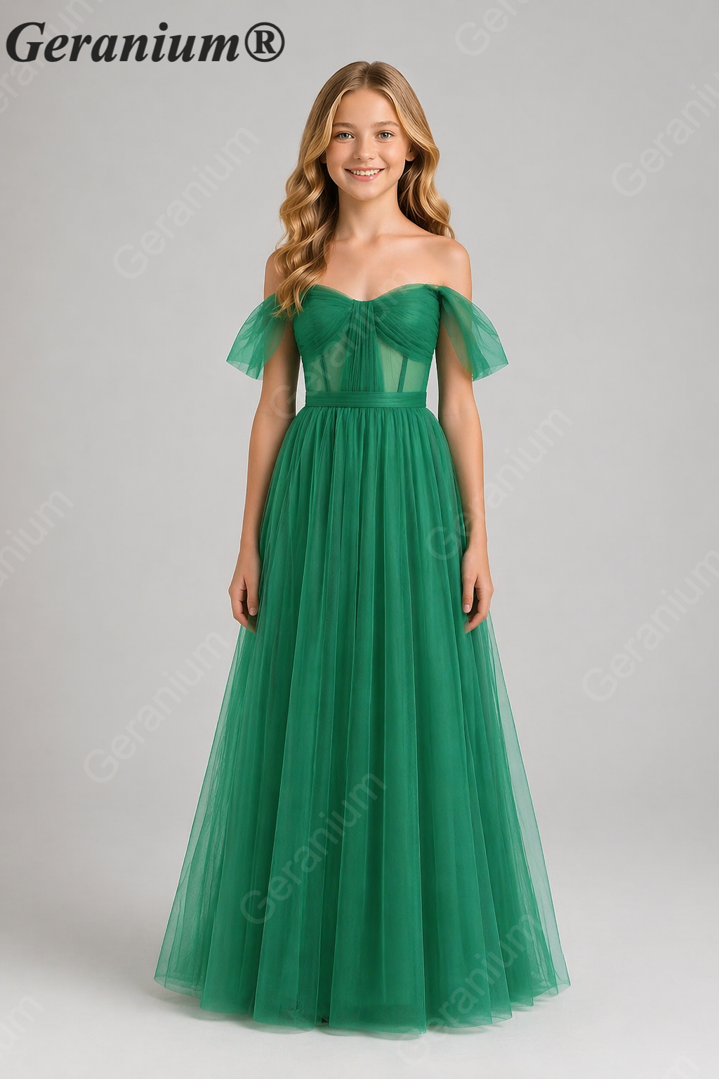 Geranium Elegant Emerald Green Tulle Off-the-Shoulder Junior Bridesmaid Dress KD-344