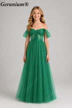 Geranium Elegant Emerald Green Tulle Off-the-Shoulder Junior Bridesmaid Dress KD-344