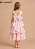 Geranium Girls Elegant Sleeveless Tiered Satin Party Dress with Big Bow KD-188J