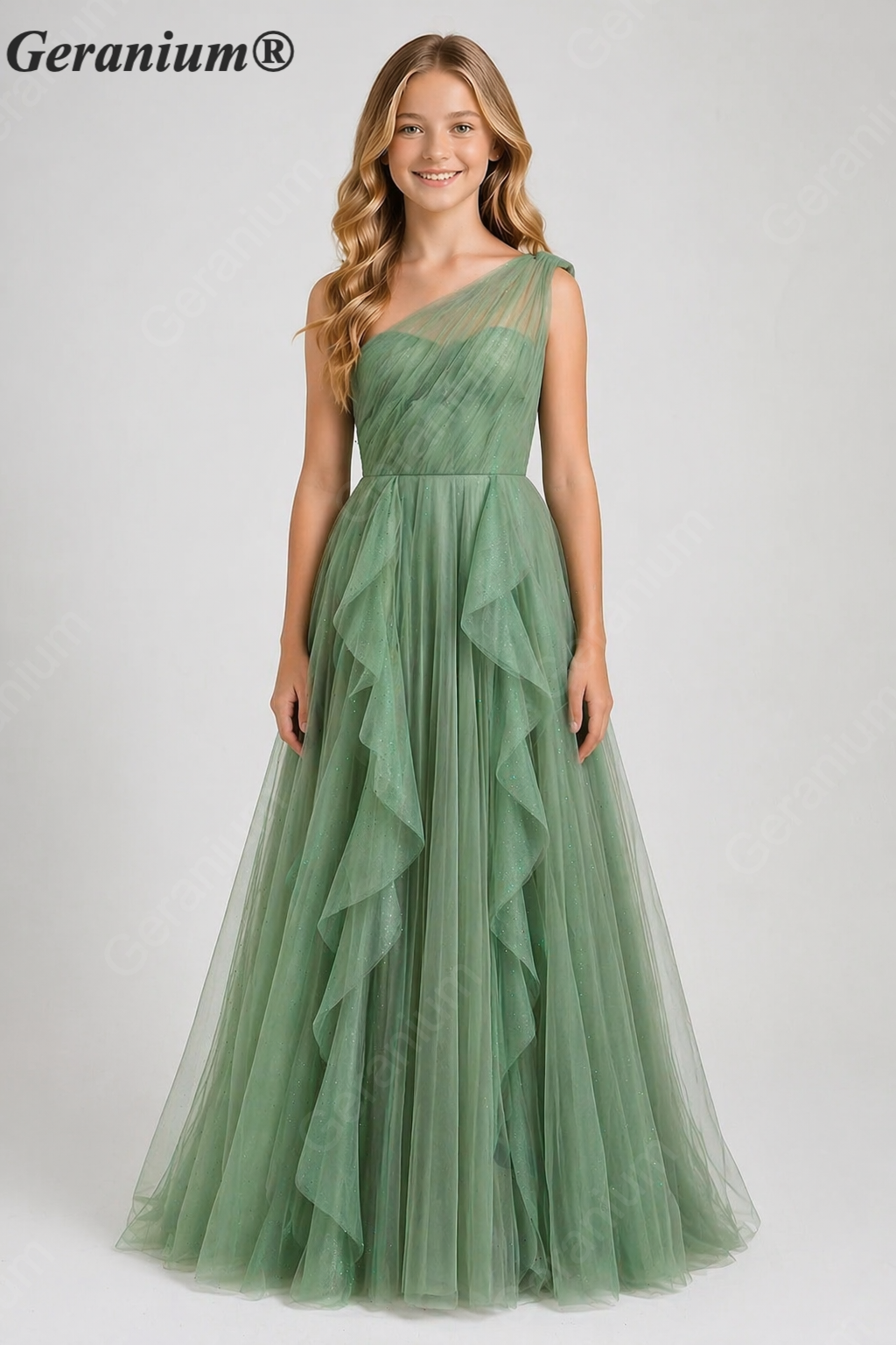 Geranium Junior Girls One-Shoulder Glitter Tulle Long Formal Dress with Cascading Ruffles KD-342 Main image