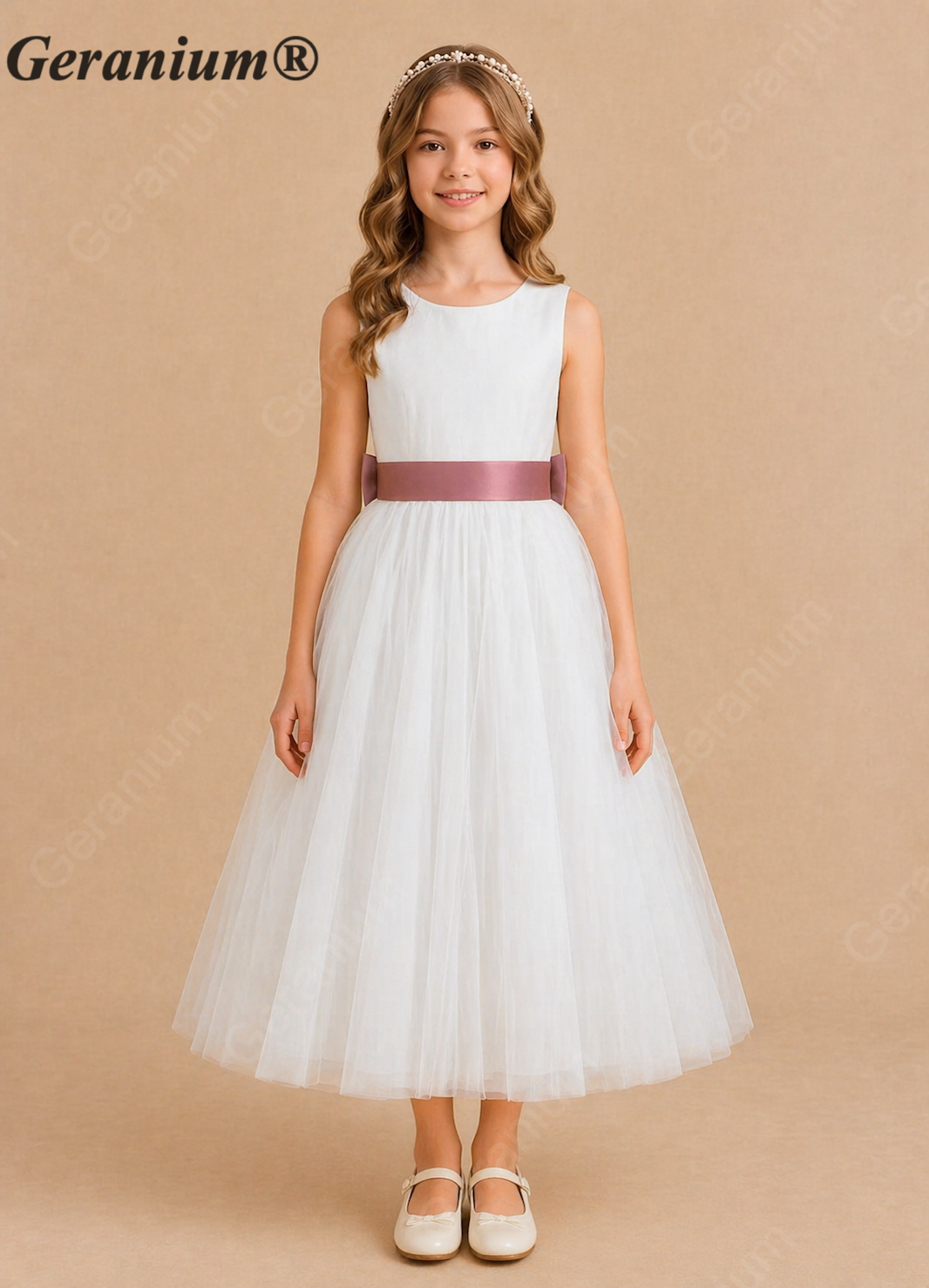 Geranium Elegant White Tulle Flower Girl Dress with Dusty Rose Satin Bow & Pearl V-Back KD-9J