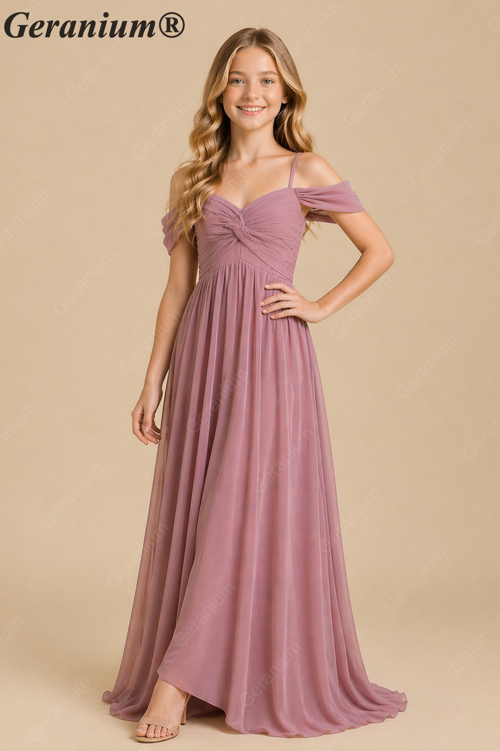 Geranium Elegant Chiffon Off-the-Shoulder Junior Bridesmaid Dress with Twisted Bodice KD-335 Secondary image