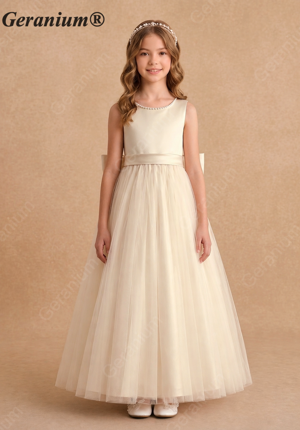 Geranium Elegant Pearl Neckline Satin & Tulle Flower Girl Dress with Big Bow KD-194J Main image