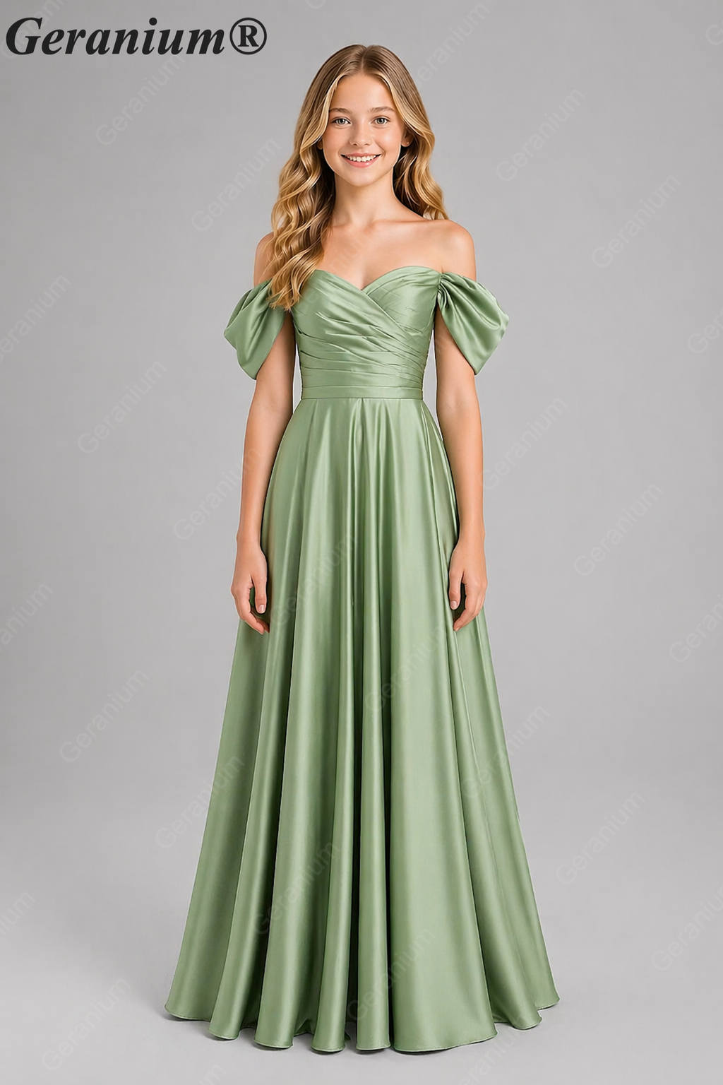 Geranium Elegant Emerald Green Off-The-Shoulder Satin Junior Formal Dress KD-336