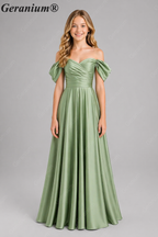 Geranium Elegant Emerald Green Off-The-Shoulder Satin Junior Formal Dress KD-336