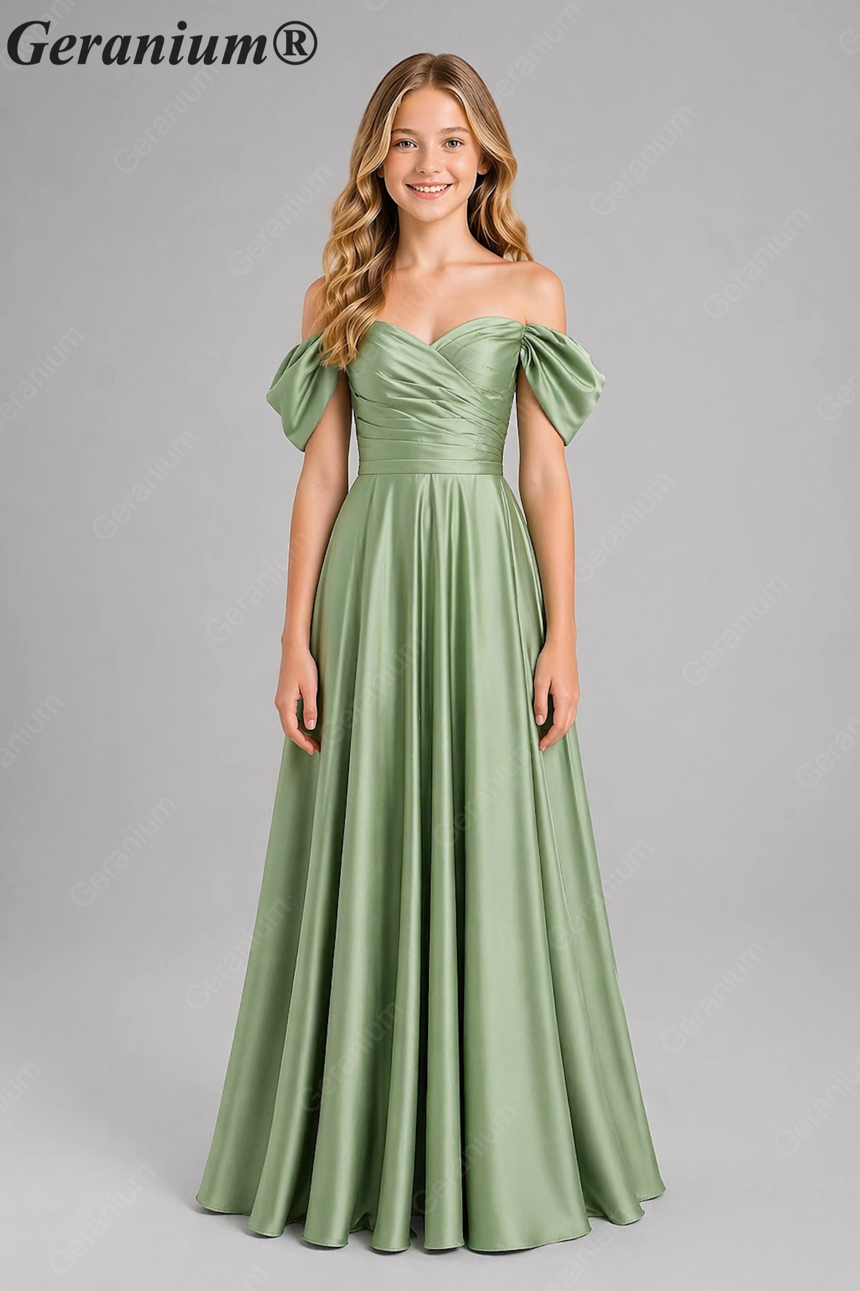 Geranium Elegant Emerald Green Off-The-Shoulder Satin Junior Formal Dress KD-336