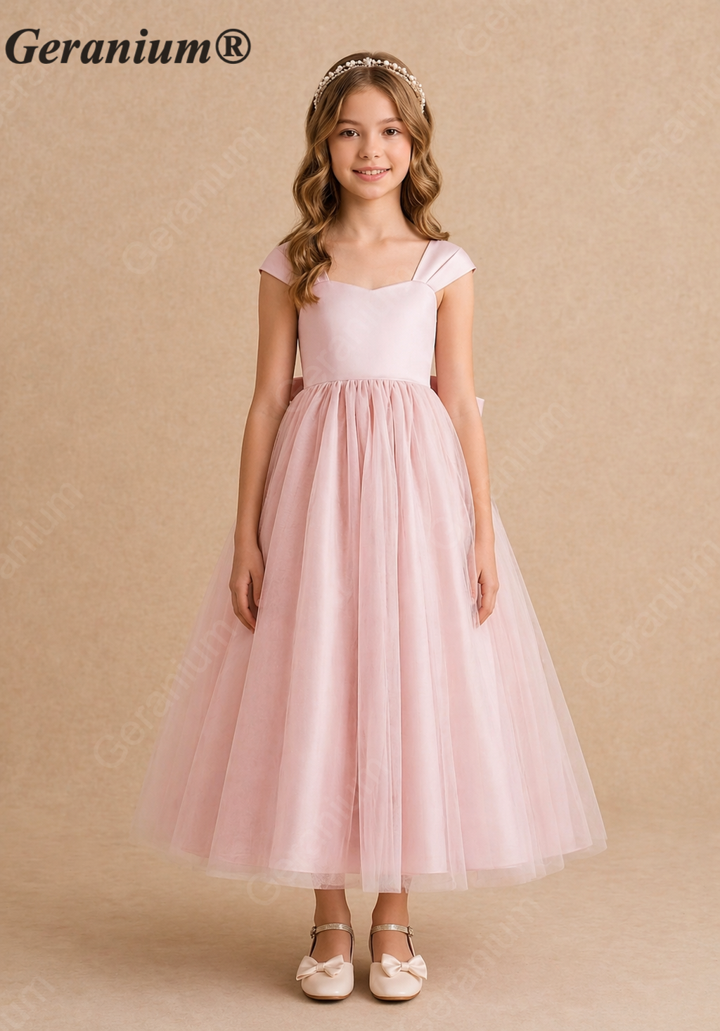 Geranium Elegant Blush Pink Satin and Tulle Flower Girl Dress with Oversized Back Bow KD-184J
