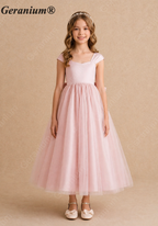 Geranium Elegant Blush Pink Satin and Tulle Flower Girl Dress with Oversized Back Bow KD-184J