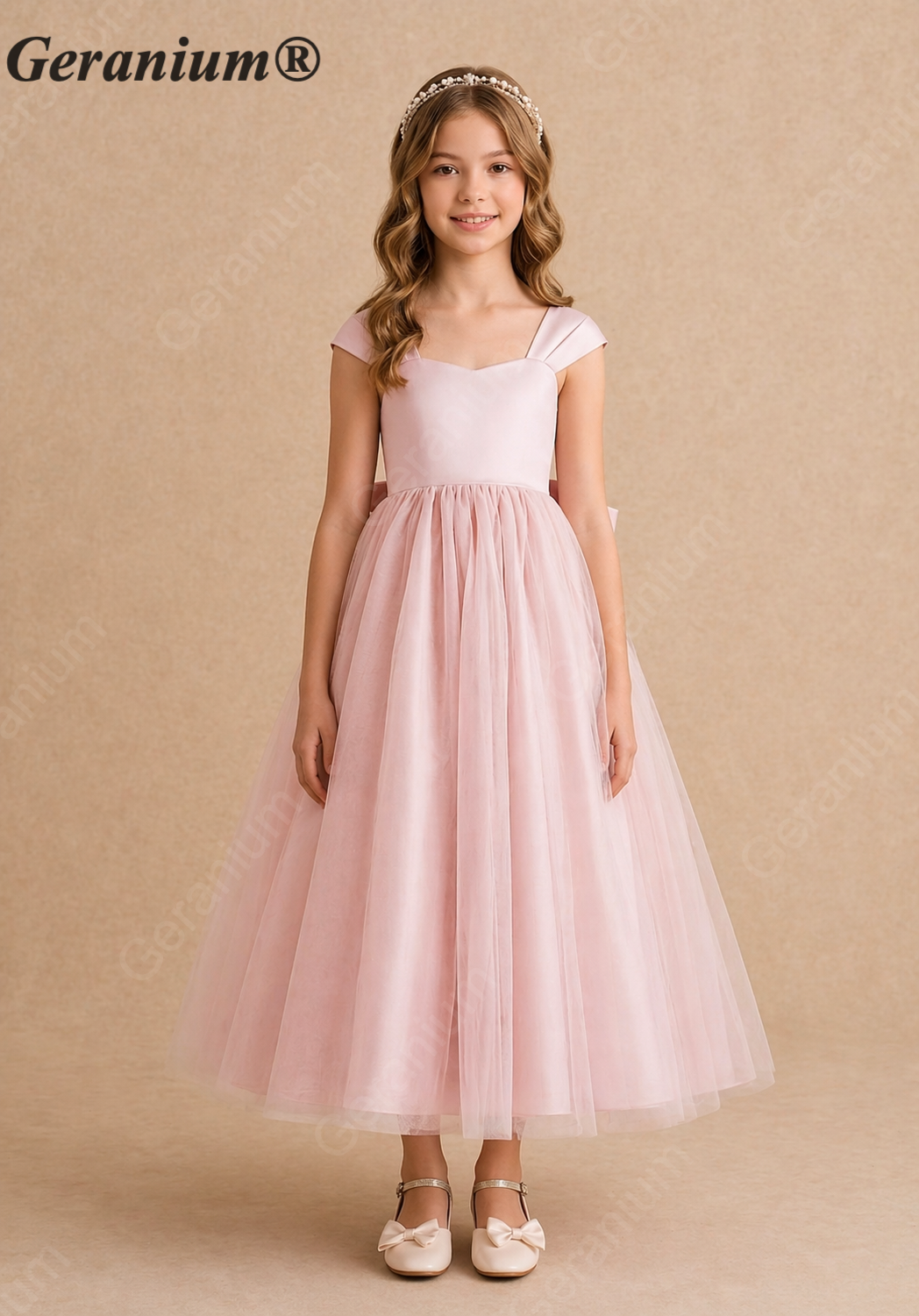 Geranium Elegant Blush Pink Satin and Tulle Flower Girl Dress with Oversized Back Bow KD-184J