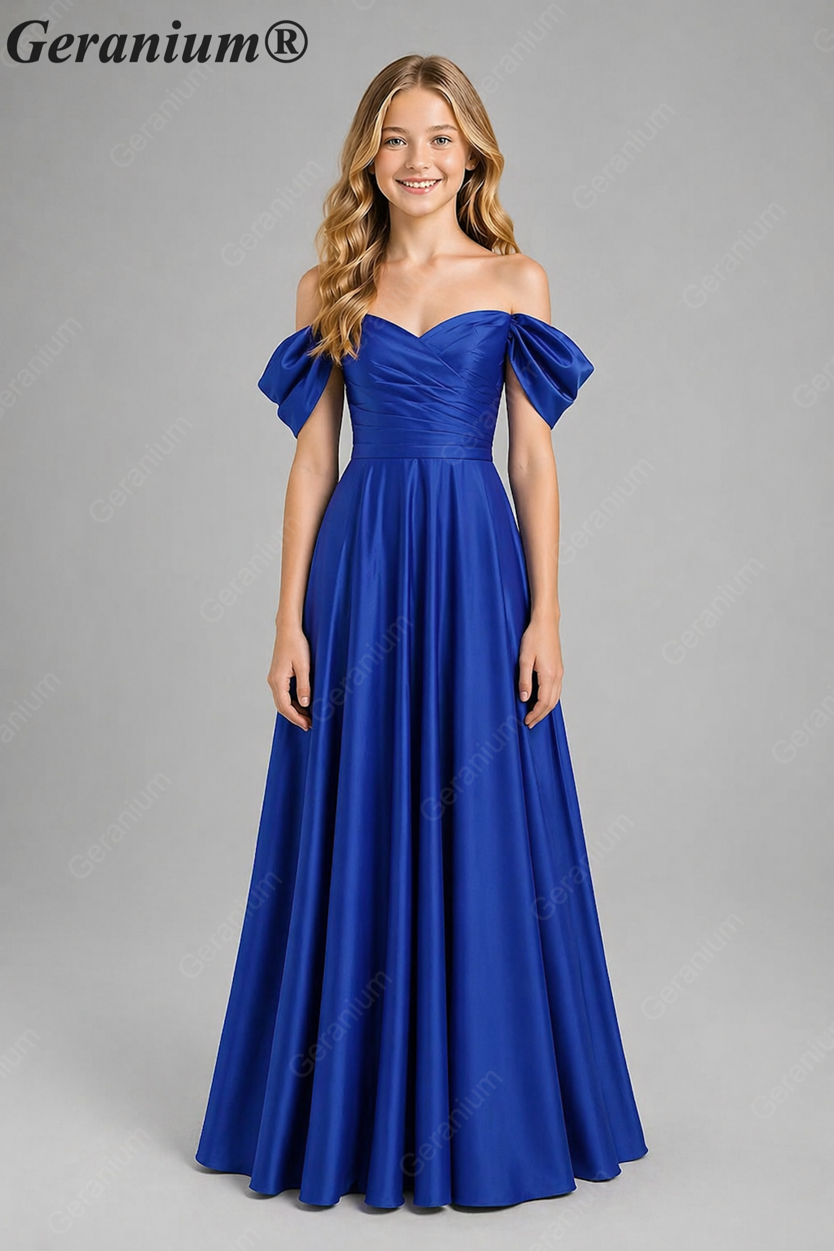 Geranium Elegant Emerald Green Off-The-Shoulder Satin Junior Formal Dress KD-336