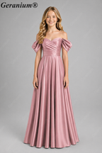 Geranium Elegant Emerald Green Off-The-Shoulder Satin Junior Formal Dress KD-336