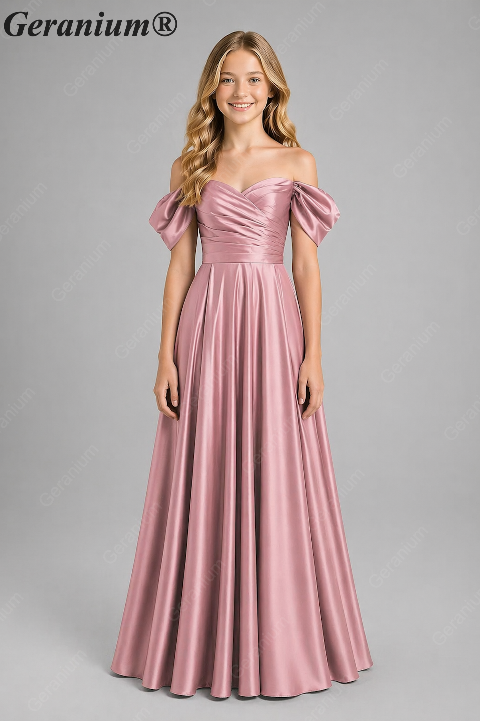 Geranium Elegant Emerald Green Off-The-Shoulder Satin Junior Formal Dress KD-336