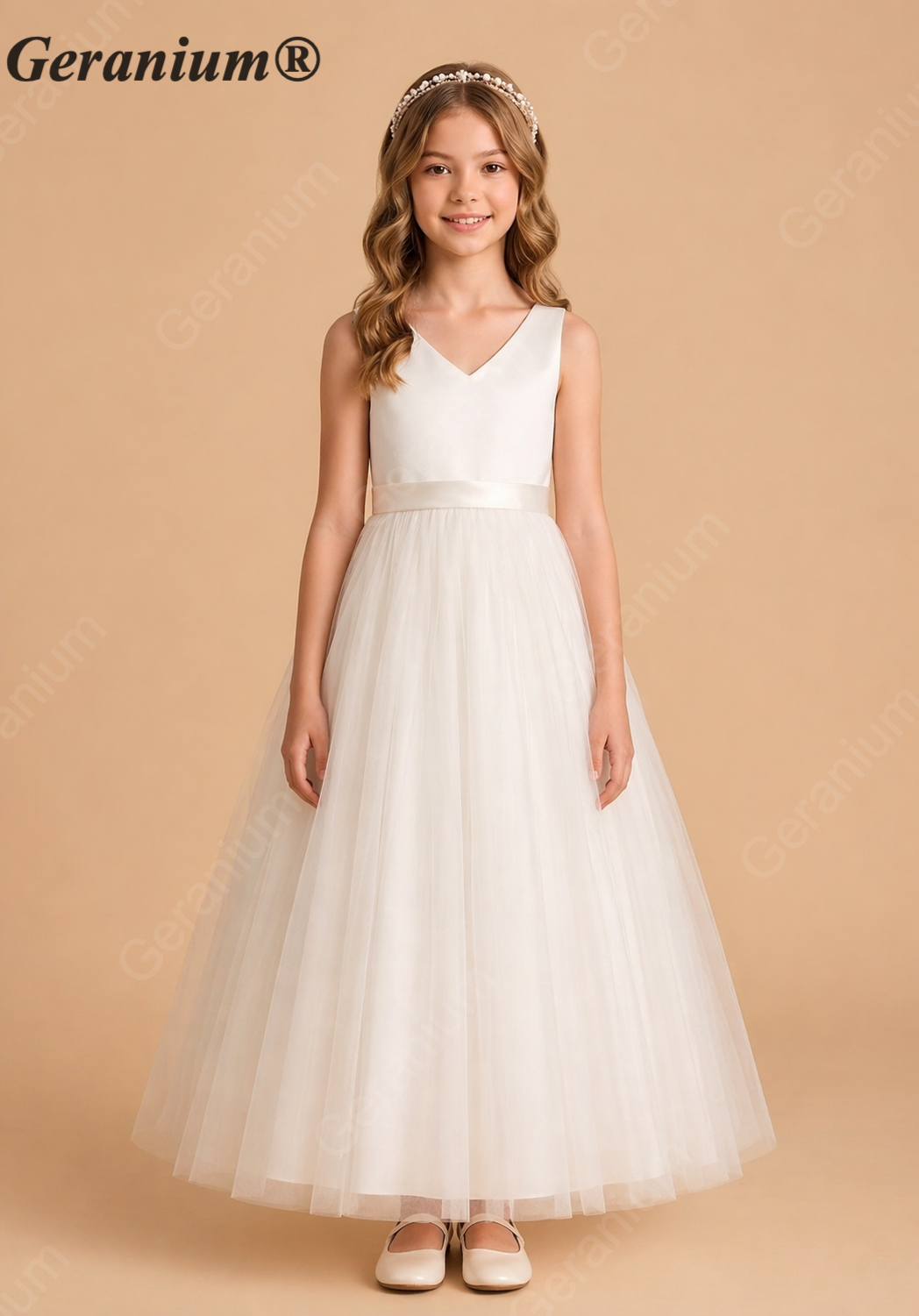 Geranium Elegant Minimalist V-Neck Satin and Tulle Flower Girl Dress with Back Bow KD-199J Main image