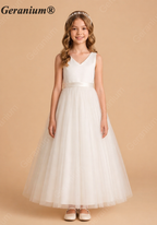 Geranium Elegant Minimalist V-Neck Satin and Tulle Flower Girl Dress with Back Bow KD-199J