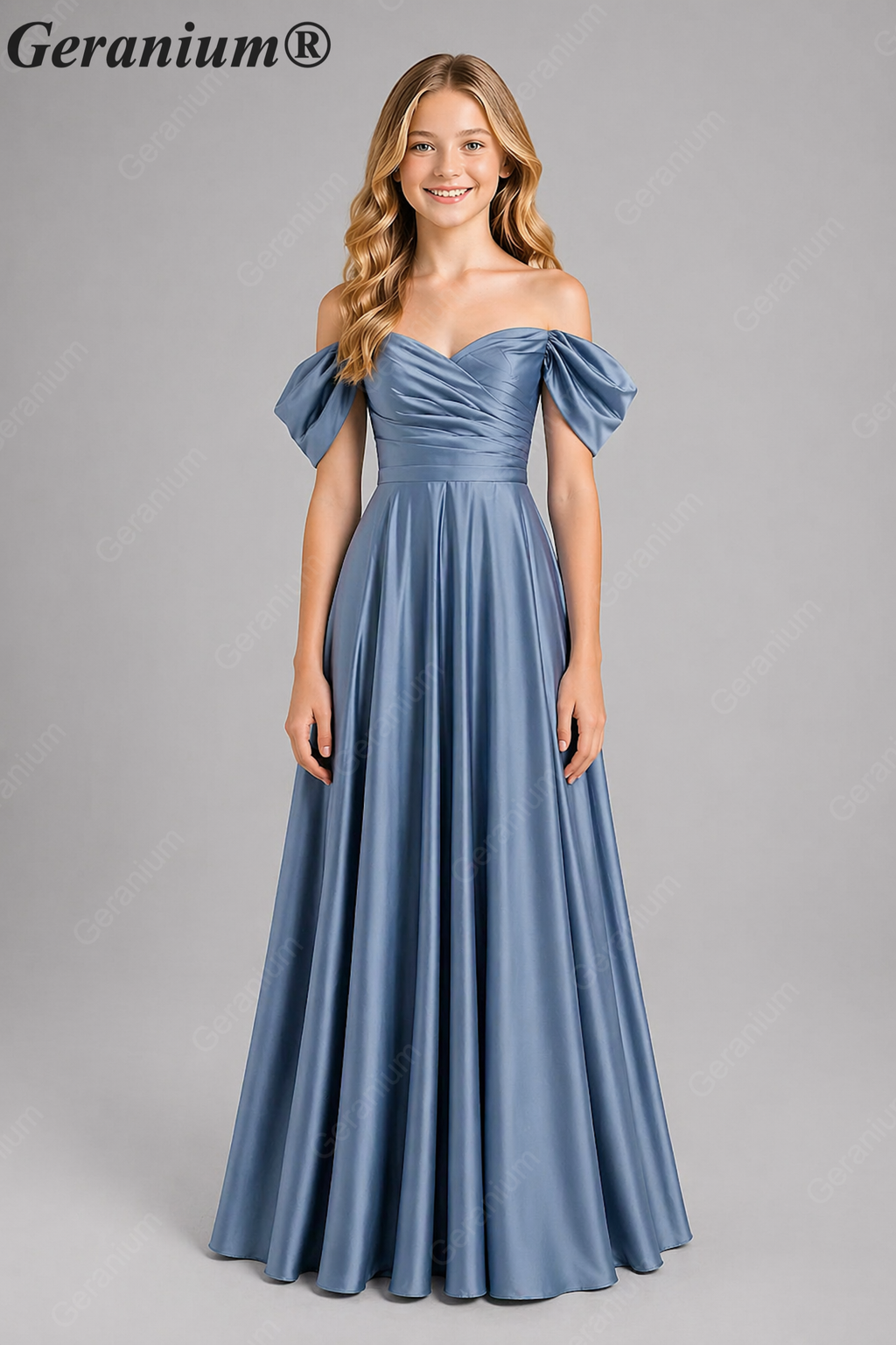Geranium Elegant Emerald Green Off-The-Shoulder Satin Junior Formal Dress KD-336