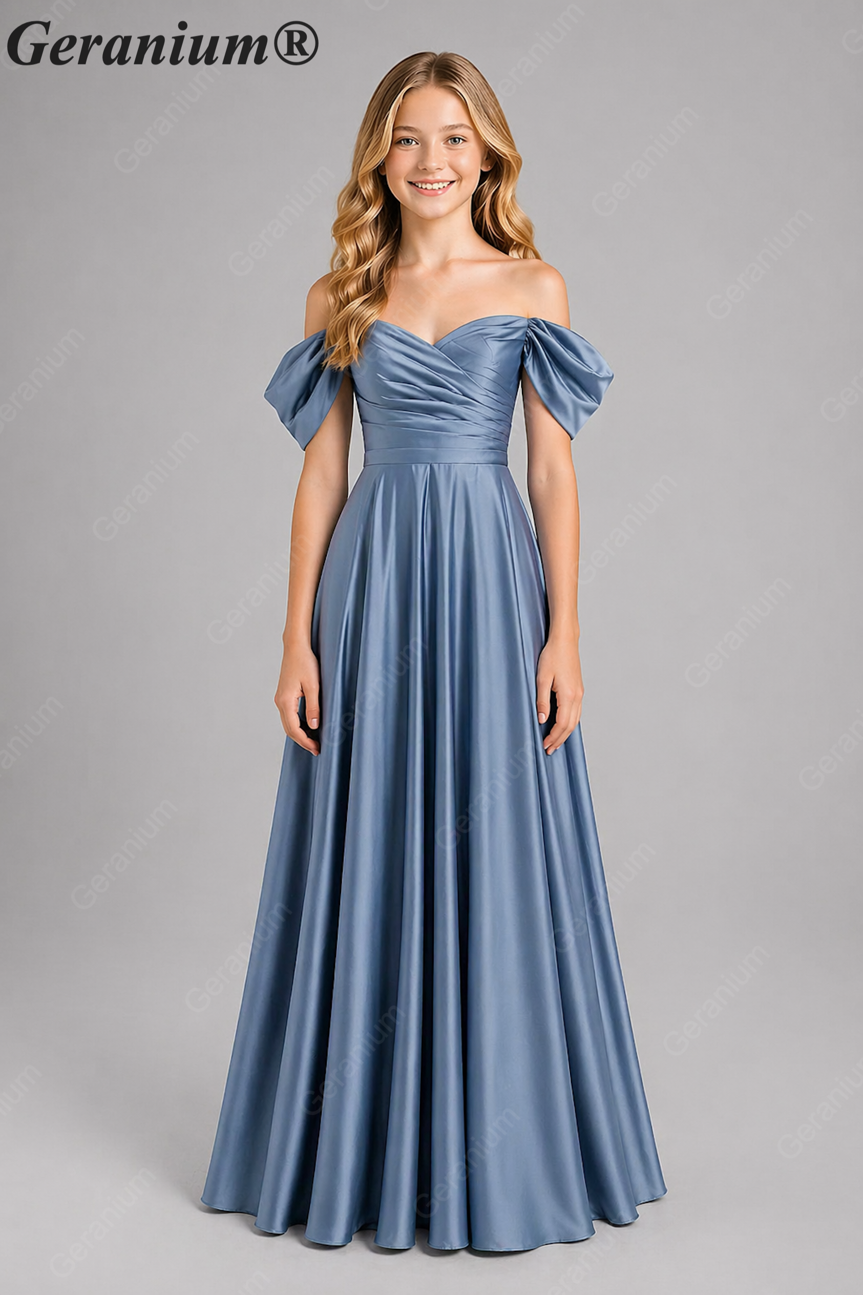 Geranium Elegant Emerald Green Off-The-Shoulder Satin Junior Formal Dress KD-336