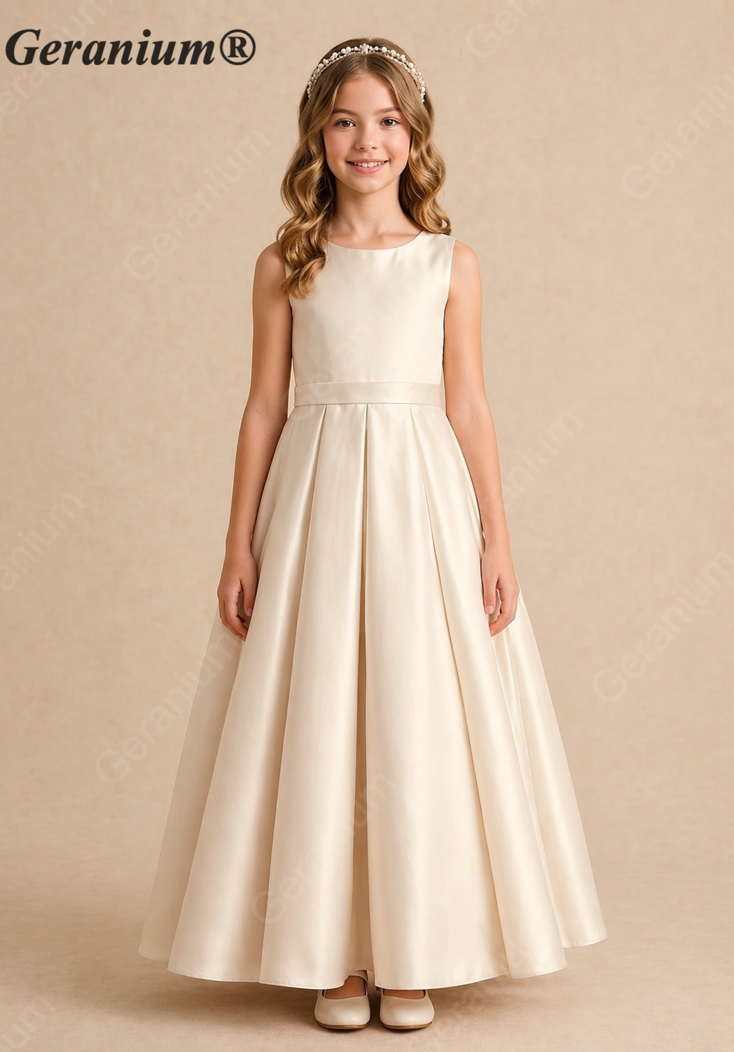 Geranium Elegant Satin V-Back Junior Bridesmaid Dress with Large Bow KD-196J