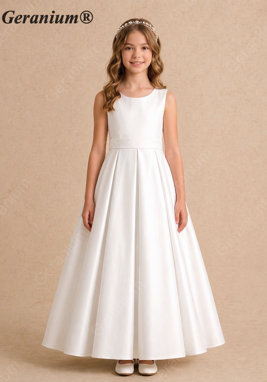 Geranium Elegant Satin A-Line Junior Bridesmaid Dress with Bow V-Back KD-197J