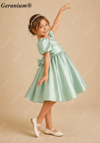 Geranium Elegant Sage Green Satin Flower Girl Dress - Heart Cutout Back with Oversized Bow - Puffy Short Sleeves Birthday Party Gown KD-282