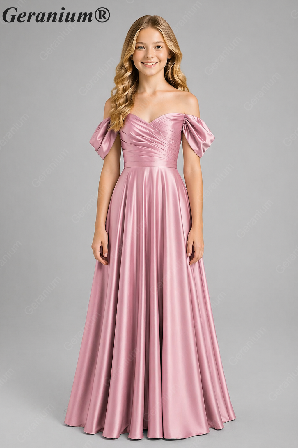 Geranium Elegant Emerald Green Off-The-Shoulder Satin Junior Formal Dress KD-336