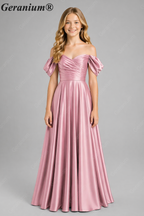 Geranium Elegant Emerald Green Off-The-Shoulder Satin Junior Formal Dress KD-336