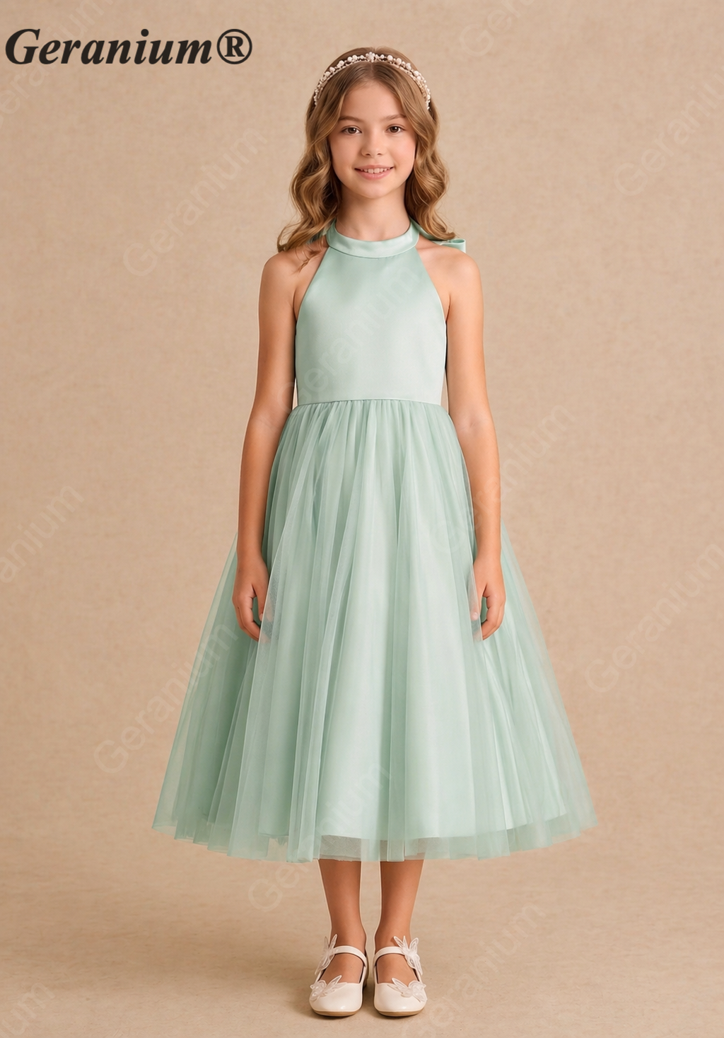 Geranium Elegant Halter Satin and Tulle Junior Bridesmaid Dress with Back Bow KD-205J