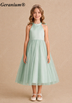 Geranium Elegant Halter Satin and Tulle Junior Bridesmaid Dress with Back Bow KD-205J