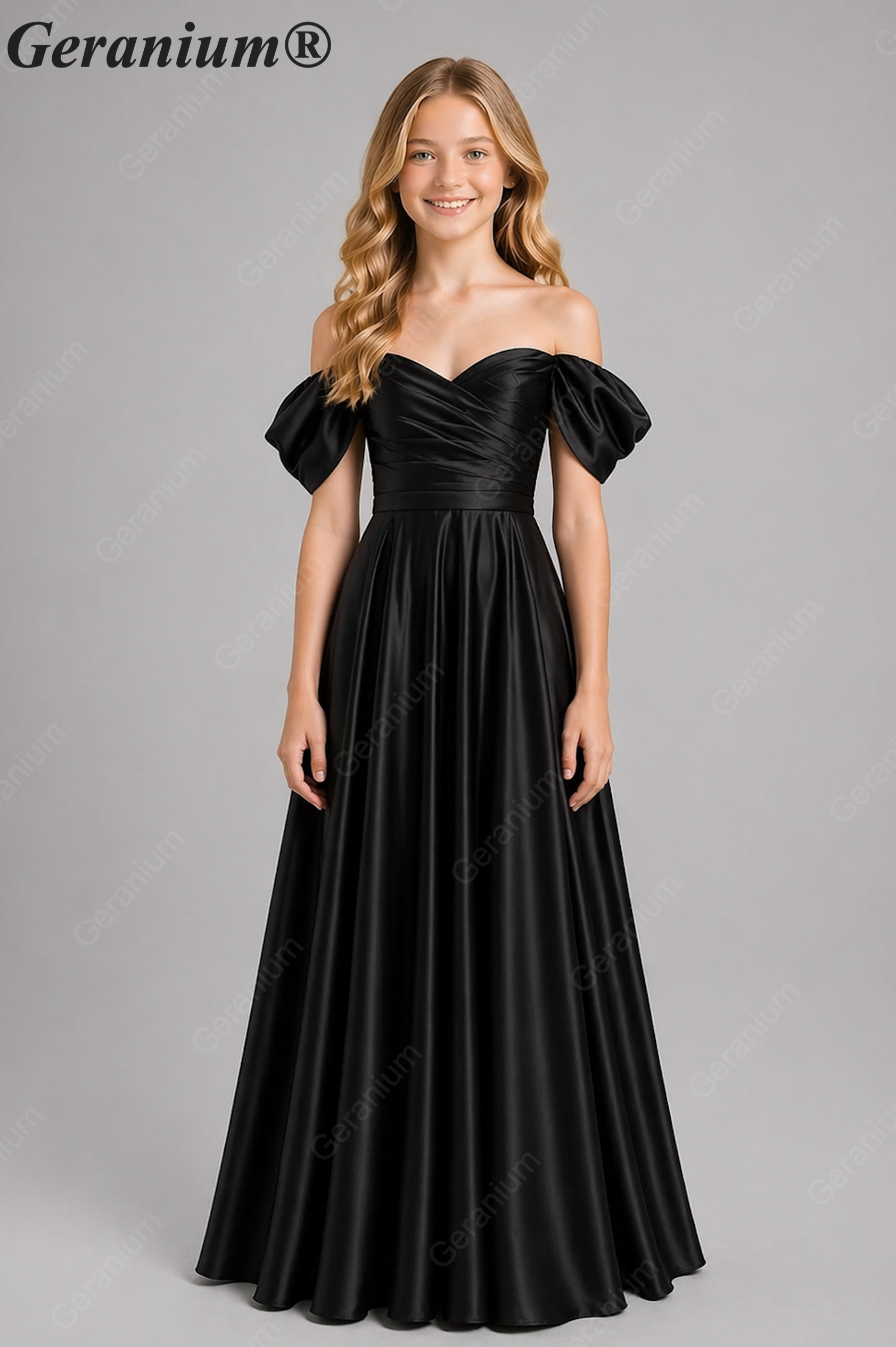 Geranium Elegant Emerald Green Off-The-Shoulder Satin Junior Formal Dress KD-336 Main image