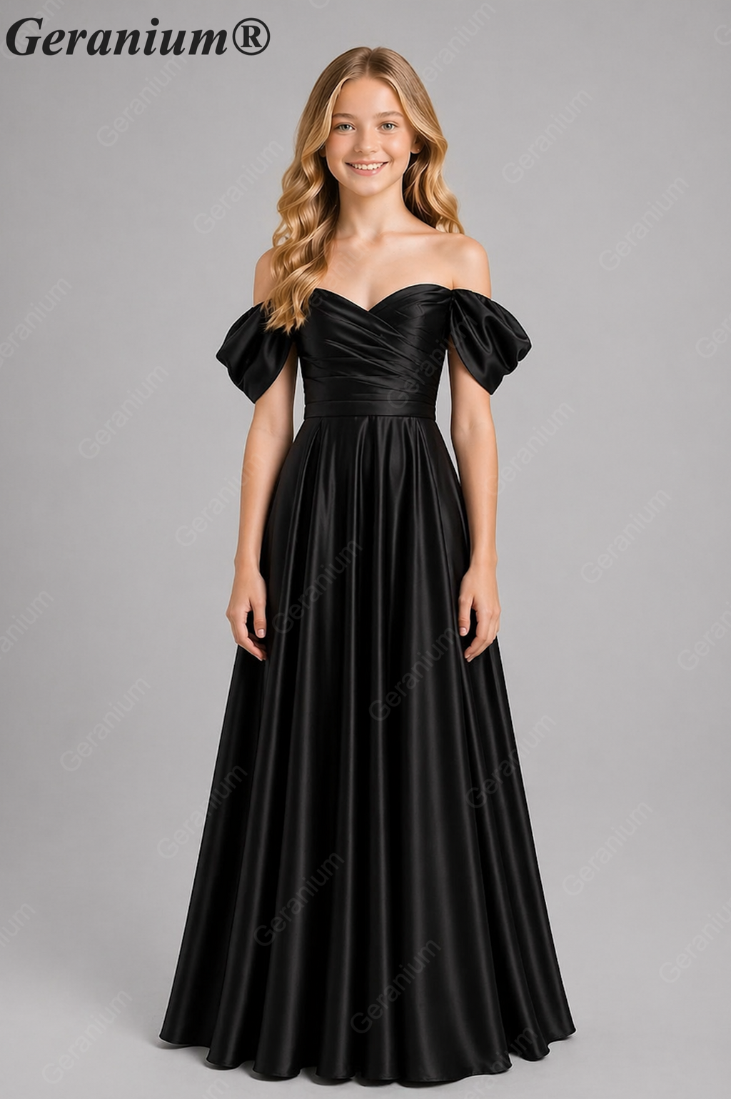 Geranium Elegant Emerald Green Off-The-Shoulder Satin Junior Formal Dress KD-336