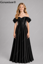 Geranium Elegant Emerald Green Off-The-Shoulder Satin Junior Formal Dress KD-336