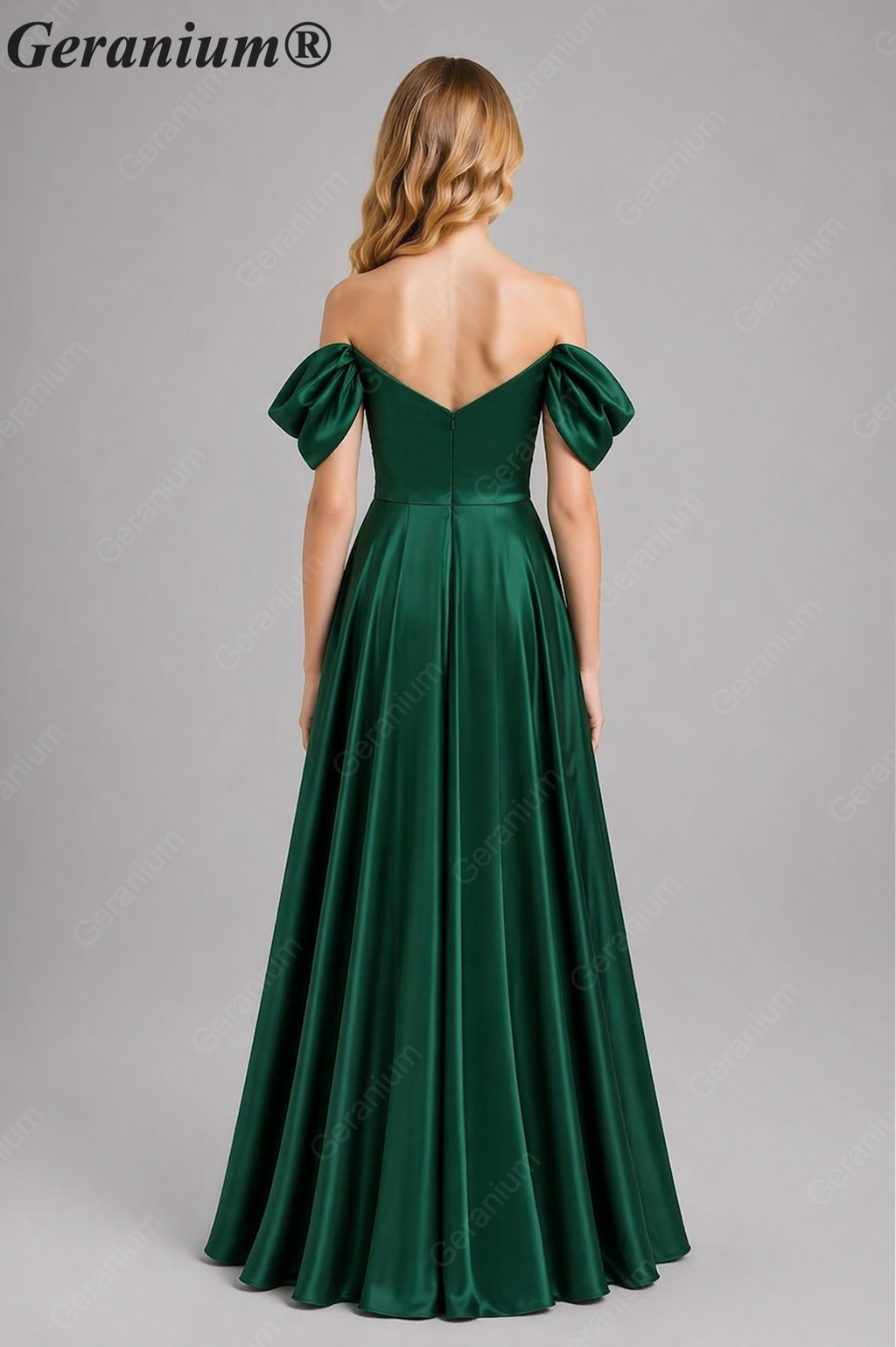 Geranium Elegant Emerald Green Off-The-Shoulder Satin Junior Formal Dress KD-336