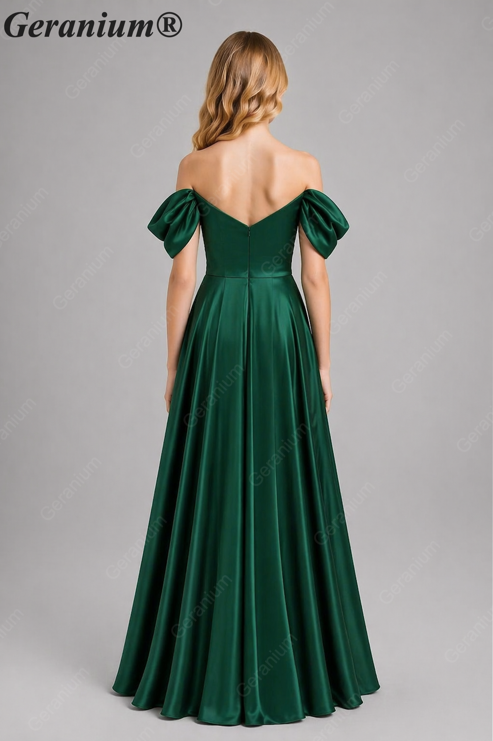 Geranium Elegant Emerald Green Off-The-Shoulder Satin Junior Formal Dress KD-336