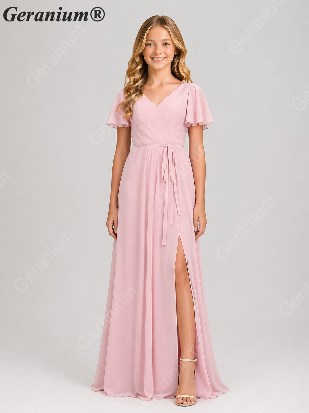 Geranium Elegant Chiffon V-Neck Flutter Sleeve Junior Bridesmaid Dress with Side Slit KD-310