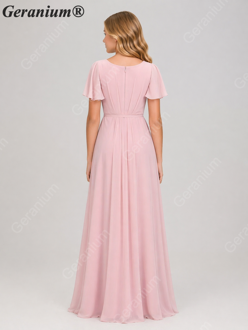 Geranium Elegant Chiffon V-Neck Flutter Sleeve Junior Bridesmaid Dress with Side Slit KD-310