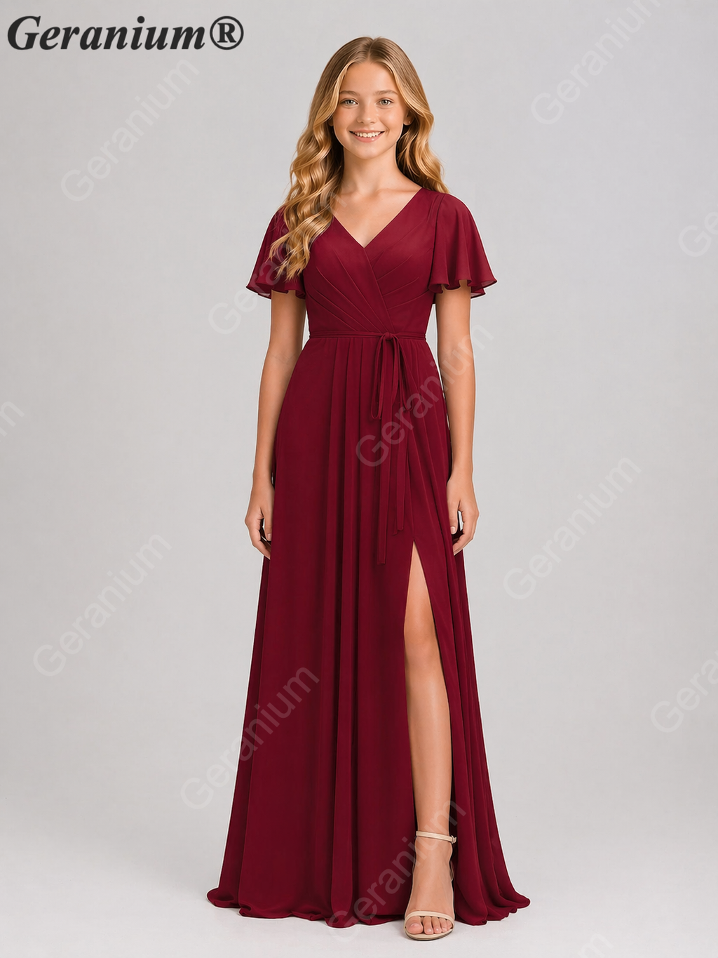 Geranium Elegant Chiffon V-Neck Flutter Sleeve Junior Bridesmaid Dress with Side Slit KD-310