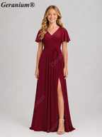 Geranium Elegant Chiffon V-Neck Flutter Sleeve Junior Bridesmaid Dress with Side Slit KD-310