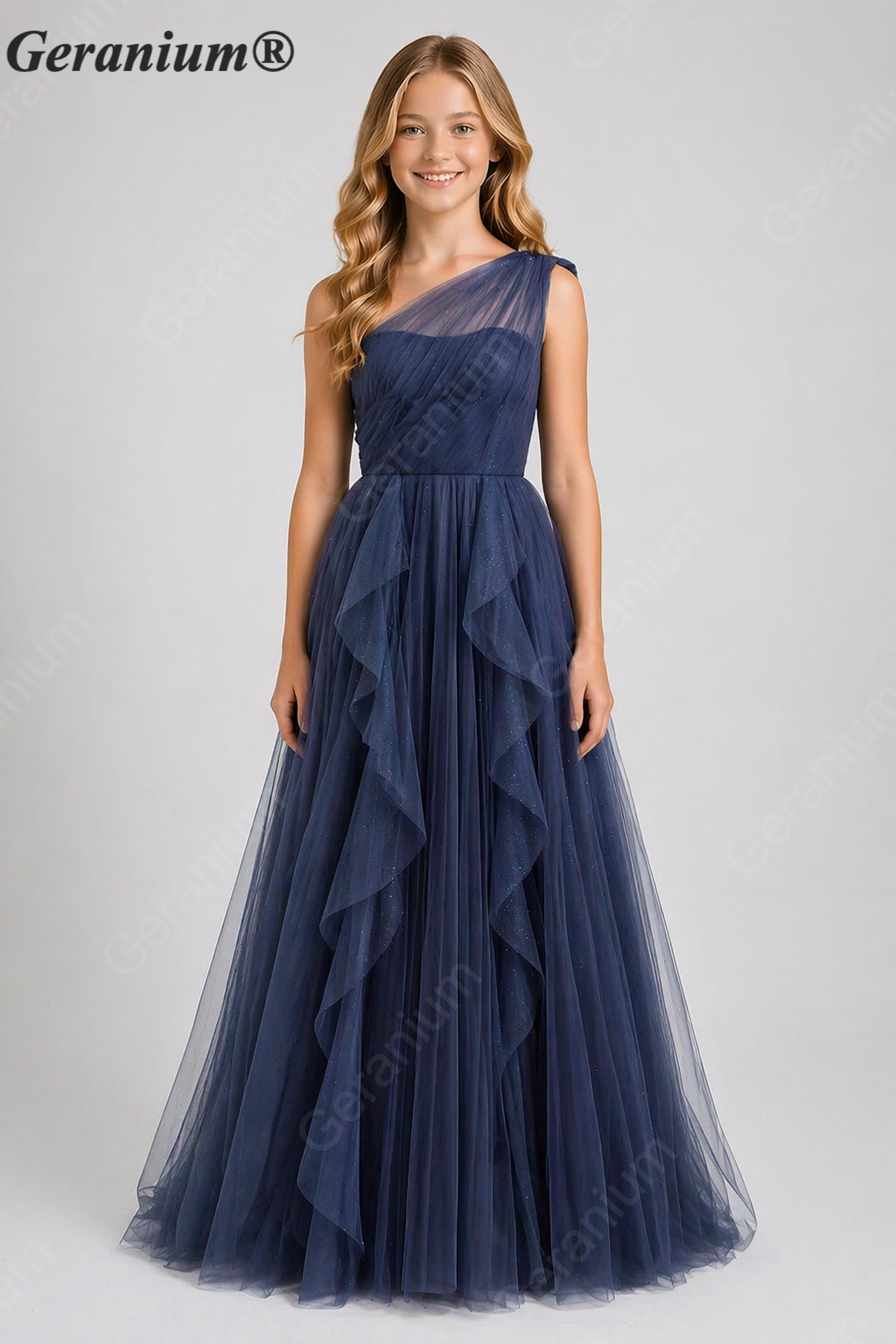 Geranium Junior Girls One-Shoulder Glitter Tulle Long Formal Dress with Cascading Ruffles KD-342