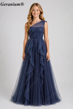 Geranium Junior Girls One-Shoulder Glitter Tulle Long Formal Dress with Cascading Ruffles KD-342