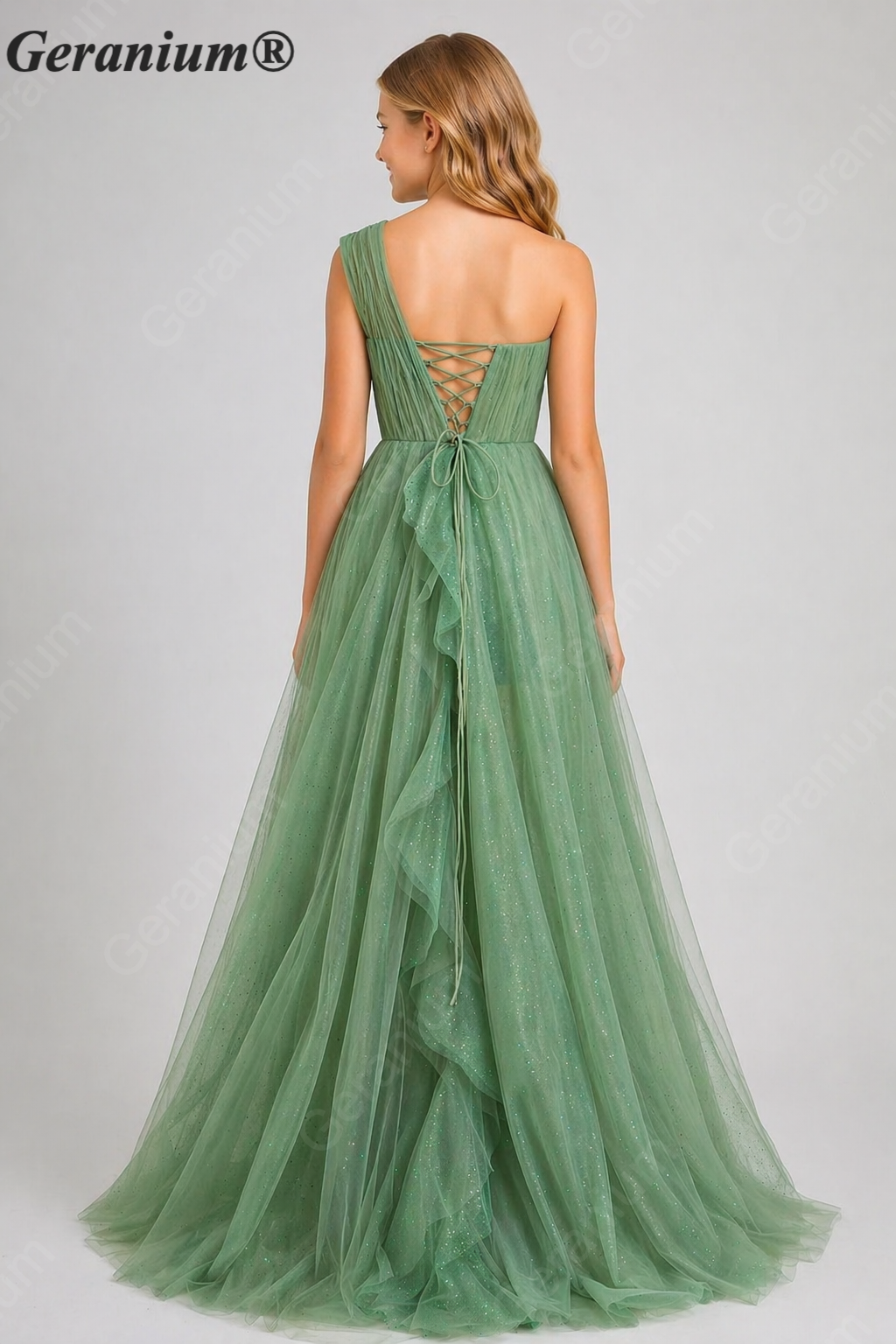 Geranium Junior Girls One-Shoulder Glitter Tulle Long Formal Dress with Cascading Ruffles KD-342
